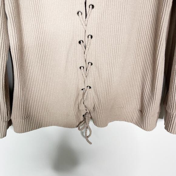 Doe & Rae Womens Small S Brown Ribbed Long Sleeve Lace Up Back Top Cozy Soft - Picture 5 of 8